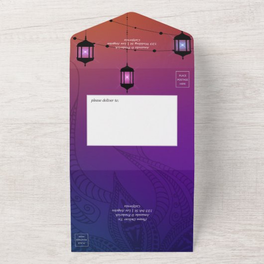 紫と金の箔アラビア結婚の全てが一つになる オールインワン招待状 (外側)