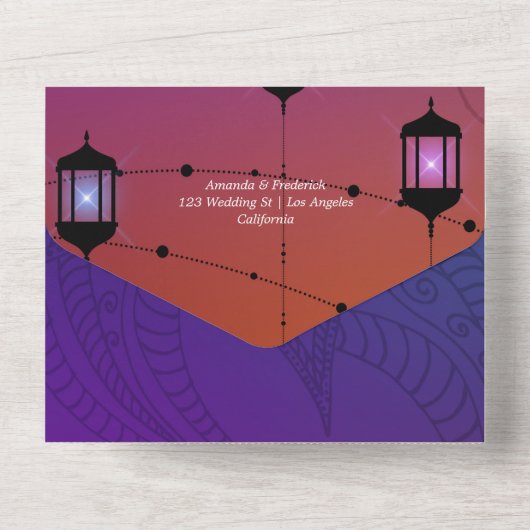 紫と金の箔アラビア結婚の全てが一つになる オールインワン招待状 (裏面)