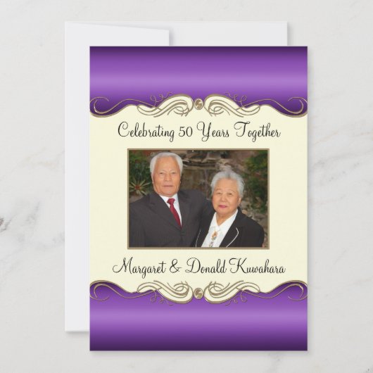 紫と金の50周年記念写真 結婚50周年 招待状 (正面)