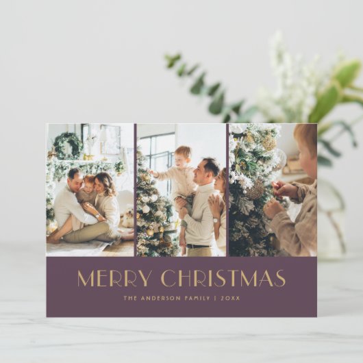 紫と金エレガント箔の星フォトクリスマス シーズンカード (スタンド正面)