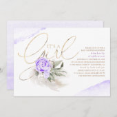 紫と金ゴールドその女の子フローラボホベイビーシャワー 招待状 (正面/裏面)