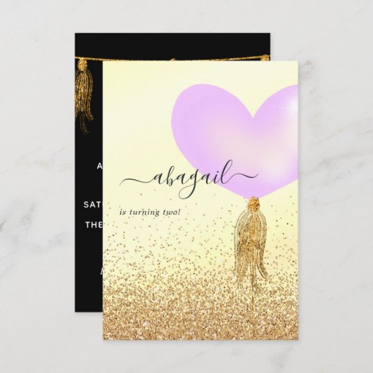 紫と金ゴールドとピンクの誕生日パーティー 招待状 (正面/裏面)