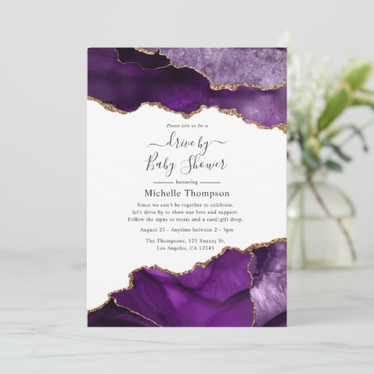 紫と金ゴールドのアガテドライブによるシャワー招待状 招待状 (スタンド正面)
