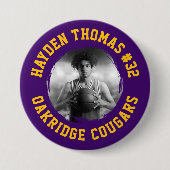 紫と金ゴールドのアスリート名ジャージー番号写真 缶バッジ (正面)