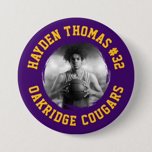 紫と金ゴールドのアスリート名ジャージー番号写真 缶バッジ (正面)