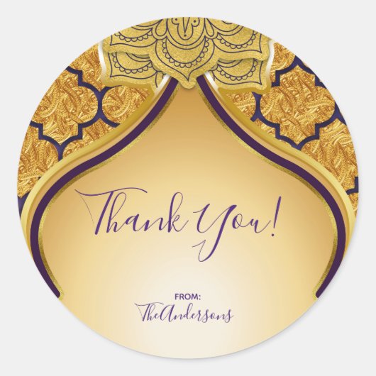 紫と金ゴールドのインディアンアラビアンモロッコパーティーの好意 ラウンドシール (正面)