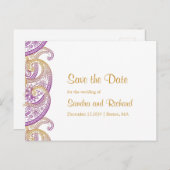 紫と金ゴールドのインディアンペイズリー日付の保存 案内ポストカード (正面/裏面)