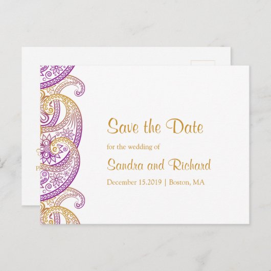 紫と金ゴールドのインディアンペイズリー日付の保存 案内ポストカード (正面/裏面)
