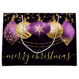紫と金ゴールドのオーナメントバウブルクリスマス ラージペーパーバッグ