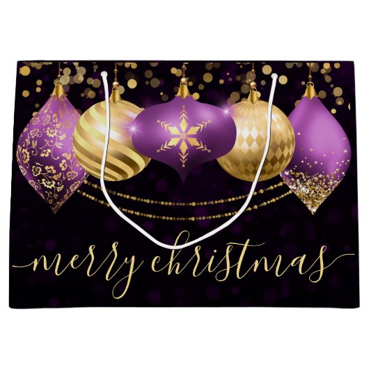 紫と金ゴールドのオーナメントバウブルクリスマス ラージペーパーバッグ (正面)