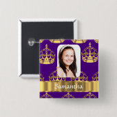 紫と金ゴールドのクラウンのパーソナライズされた写真 缶バッジ (正面&裏面)