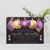 紫と金ゴールドのクリスマスボードバースデーパーティー 招待状 (スタンド正面)