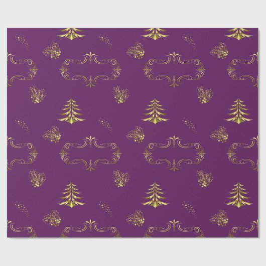 紫と金ゴールドのクリスマス ラッピングペーパー (フラット)