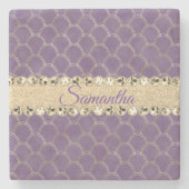 紫と金ゴールドのグリッターきらきら光る パーソナライズされた ストーンコースター (正面)