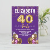 紫と金ゴールドのグリッターバルーン40歳の誕生日 招待状 (スタンド正面)