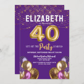 紫と金ゴールドのグリッターバルーン40歳の誕生日 招待状 (正面/裏面)