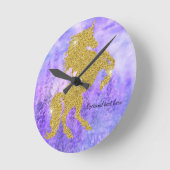 紫と金ゴールドのグリッターユニコーンの壁時計 ラウンド壁時計 (傾斜)