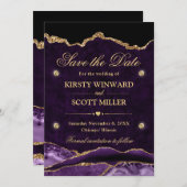 紫と金ゴールドのグリッター大理石瑪瑙の日付を保存 セーブザデート (正面/裏面)