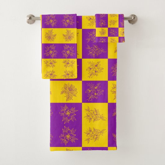 紫と金ゴールドのグリッター花模様 バスタオルセット (インサイチュ)