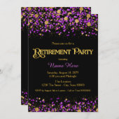 紫と金ゴールドのグリッター退職パーティー 招待状 (正面/裏面)