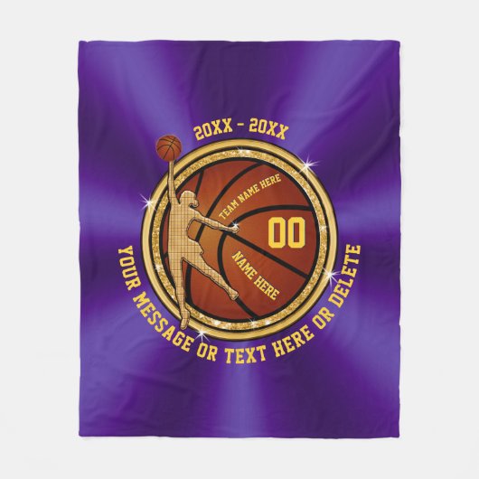 紫と金ゴールドのシニアギフトアイディアのためのバスケットボール フリースブランケット (正面)