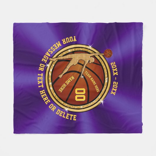 紫と金ゴールドのシニアギフトアイディアのためのバスケットボール フリースブランケット (正面(横))