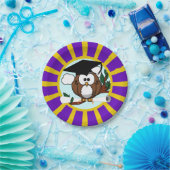 紫と金ゴールドのスクールカラーの卒業フクロウ ペーパープレート (パーティー)