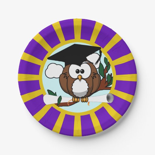 紫と金ゴールドのスクールカラーの卒業フクロウ ペーパープレート (正面)