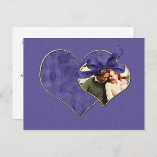 紫と金ゴールドのハート写真の日付を保存 案内ポストカード (正面/裏面)