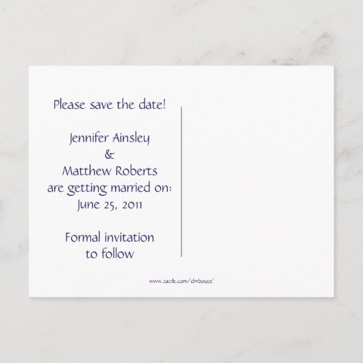 紫と金ゴールドのハート写真の日付を保存 案内ポストカード (裏面)