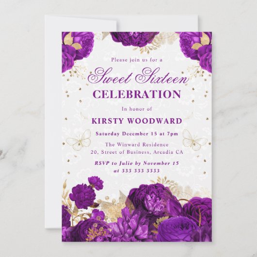 紫と金ゴールドのバラフローラSweet sixteen 招待状 (正面)