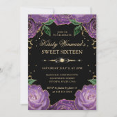 紫と金ゴールドのバラフローラSweet sixteen 招待状 (正面)
