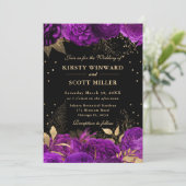 紫と金ゴールドのバラ縁どフローラ結婚の 招待状 (スタンド正面)