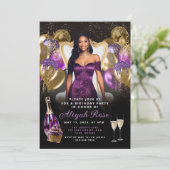 紫と金ゴールドのバルーン王室の誕生日招待状 招待状 (スタンド正面)
