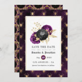 紫と金ゴールドのフローラクモ結婚ズ セーブザデート (正面/裏面)