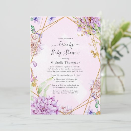 紫と金ゴールドのフローラジオメトリックドライブ(シャワー付) 招待状 (スタンド正面)