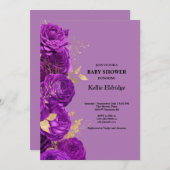 紫と金ゴールドのフローラベビーシャワー招待状 招待状 (正面/裏面)