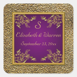 紫と金ゴールドのフローラモノグラム結婚のステッカー スクエアシール