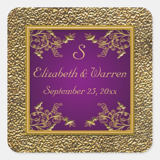 紫と金ゴールドのフローラモノグラム結婚のステッカー スクエアシール (正面)