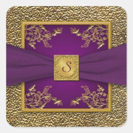 紫と金ゴールドのフローラモノグラム結婚のステッカー スクエアシール