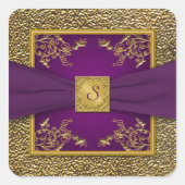 紫と金ゴールドのフローラモノグラム結婚のステッカー スクエアシール (正面)