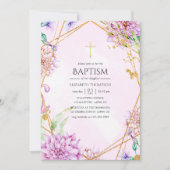 紫と金ゴールドのフローラ幾何学洗礼 招待状 (正面)