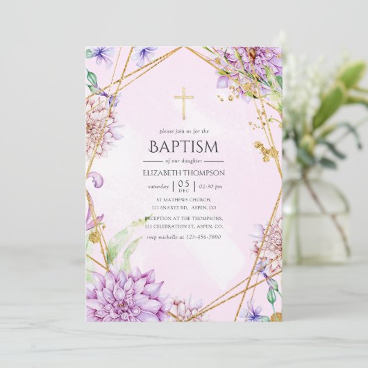 紫と金ゴールドのフローラ幾何学洗礼 招待状 (スタンド正面)