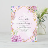 紫と金ゴールドのフローラ幾何学的なクインセニェラ 招待状 (スタンド正面)