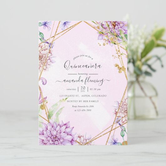 紫と金ゴールドのフローラ幾何学的なクインセニェラ 招待状 (スタンド正面)