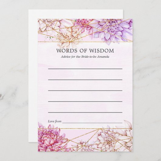 紫と金ゴールドのフローラ幾何学的ブライダルシャワー アドバイスカード (正面/裏面)