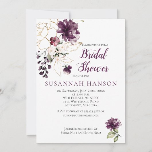 紫と金ゴールドのフローラ枠ブライダルシャワー 招待状 (正面)