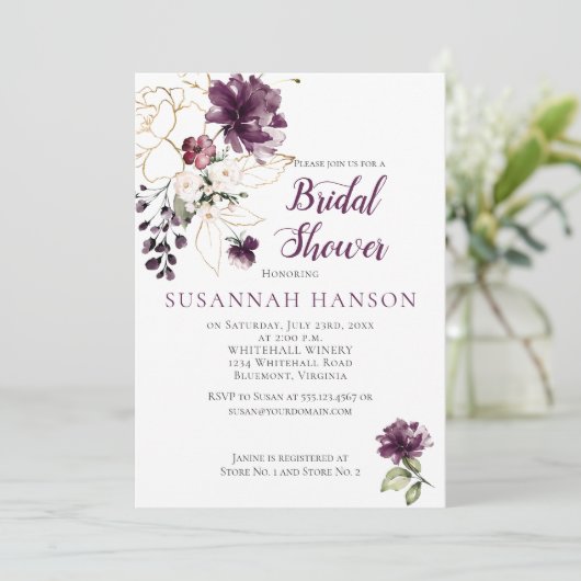 紫と金ゴールドのフローラ枠ブライダルシャワー 招待状 (スタンド正面)