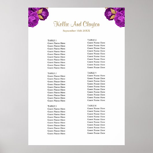 紫と金ゴールドのフローラ結婚の座席表 ポスター (正面)