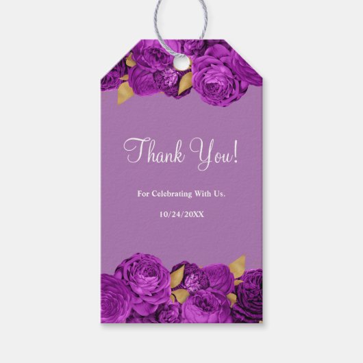 紫と金ゴールドのフローラ結婚の贈り物ラベル ギフトタグ (正面)